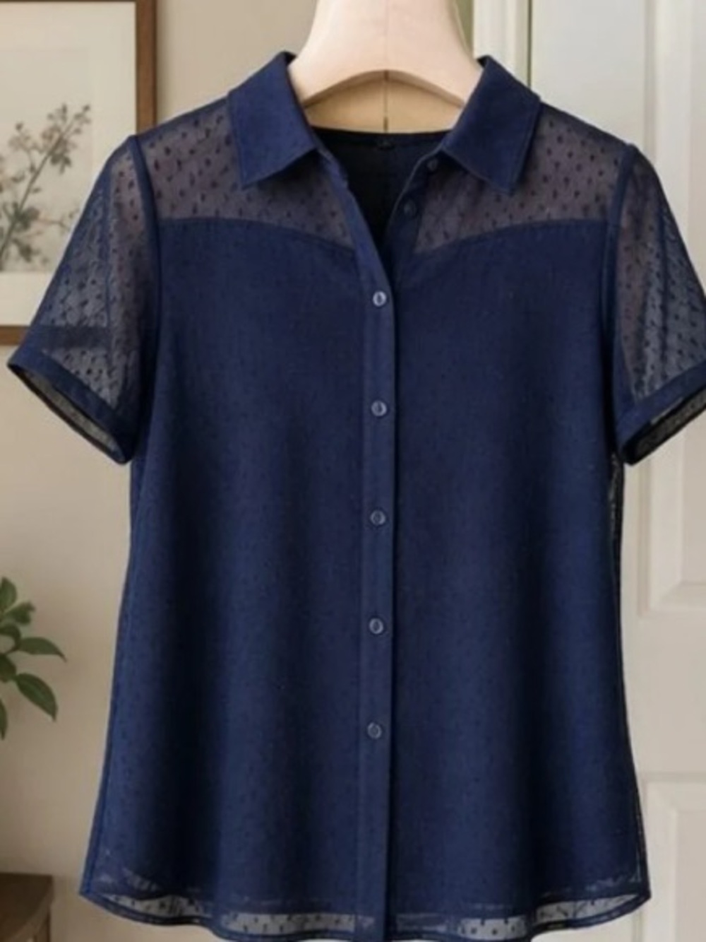 Classic Navy Sheer Dot Button-Down Top